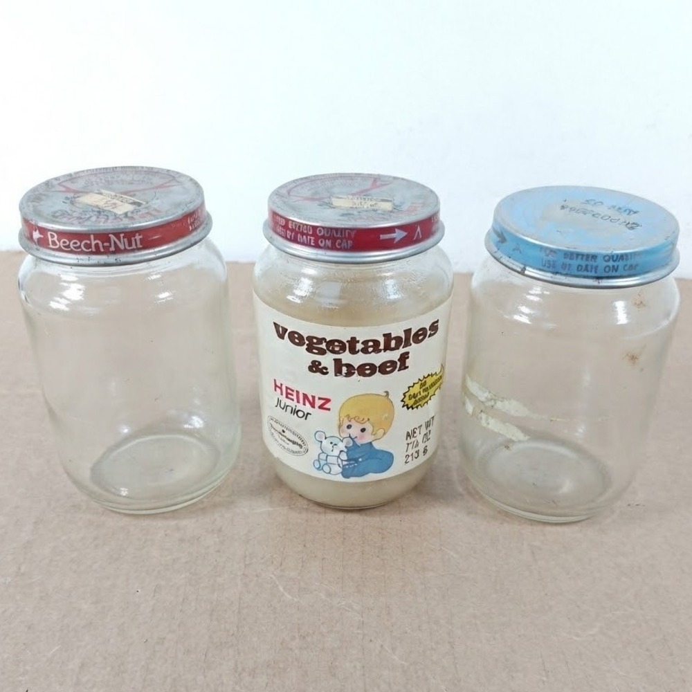 Vintage 1980s Baby Food Jars Lot Heinz Beech-Nut Glass Advertising Prop 3pc